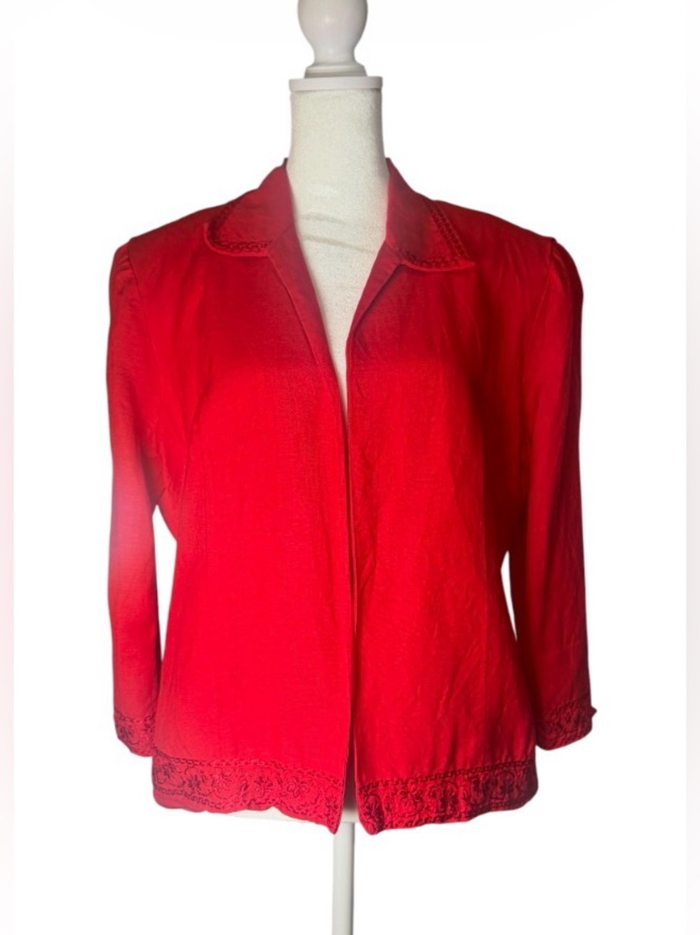 Vintage Jessica Howard Red Lace-Trim Open Blazer. Size 12.